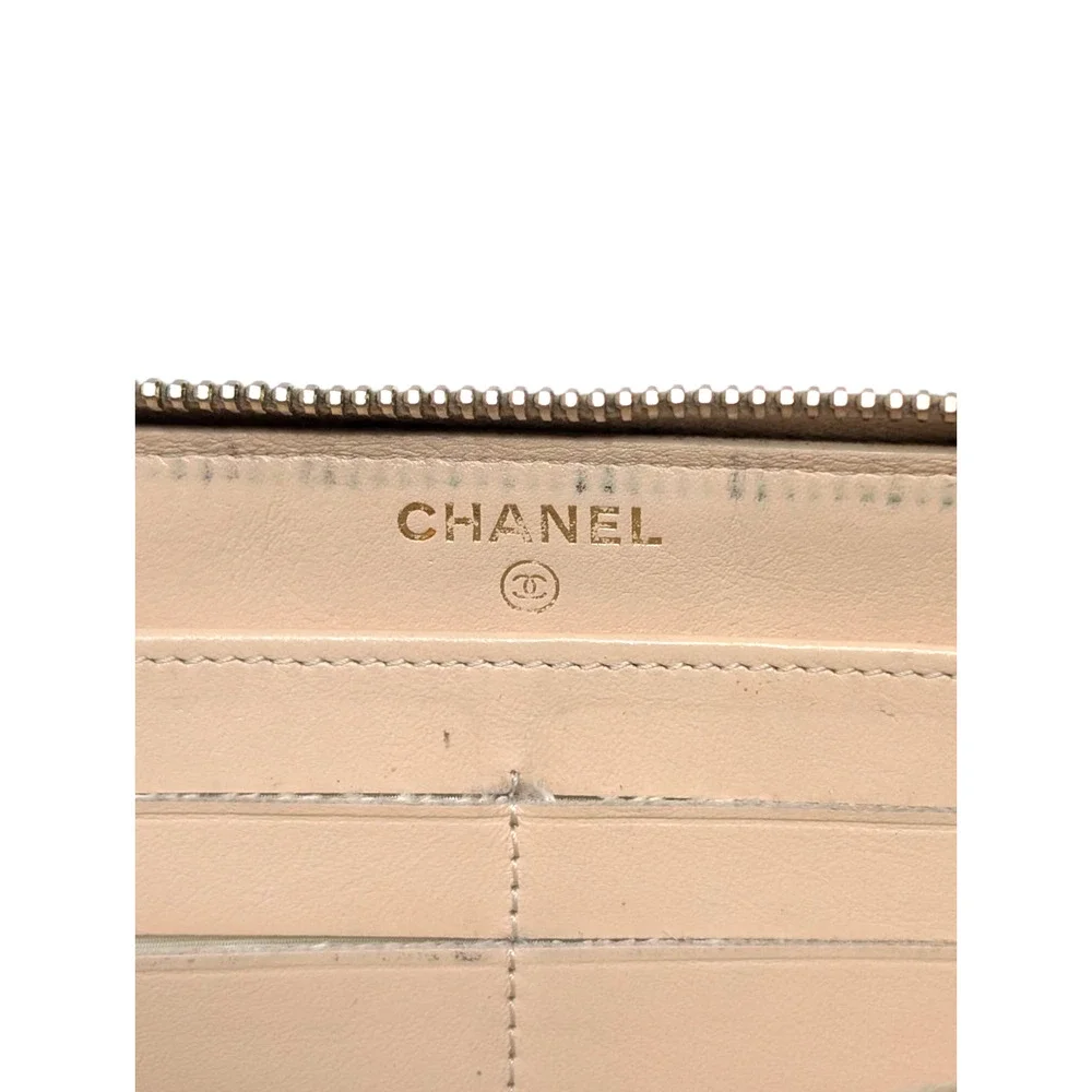 Chanel Beige Caviar Leather Zip Around‎ Wallet CC Quilted Logo Series 15
